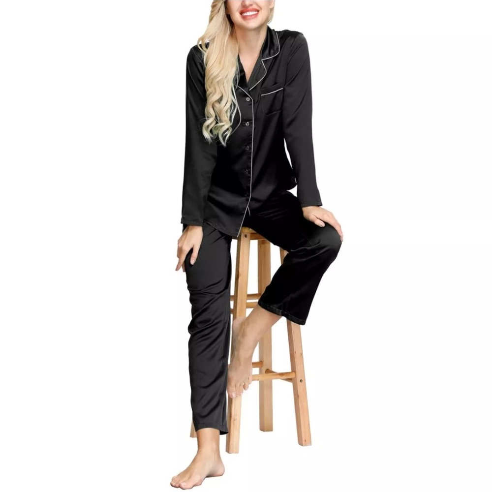 INK + IVY Black Satin Elastic Button Up Top & Straight Pants PJ Set - Reemoly